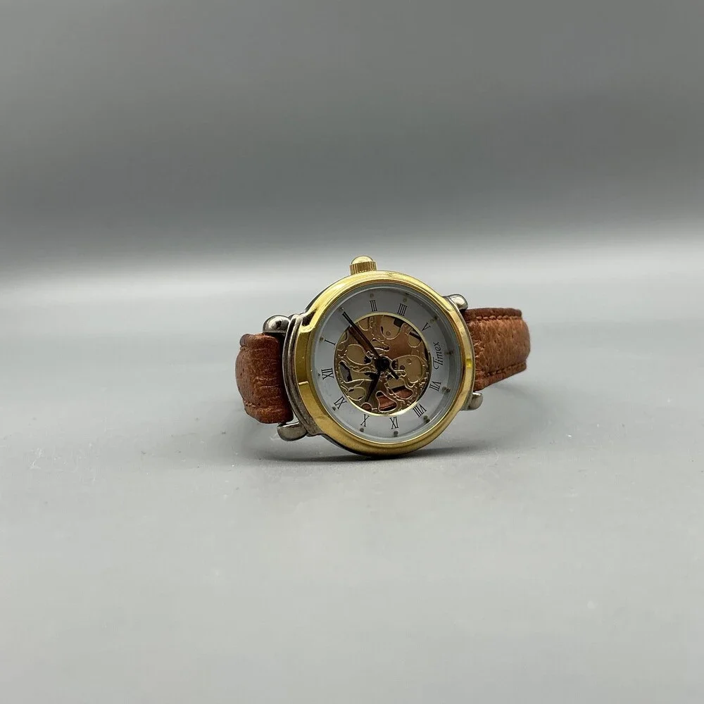 Vintage Timex Womens Watch 24mm Gold White Skeleton Brown Leather New Battery